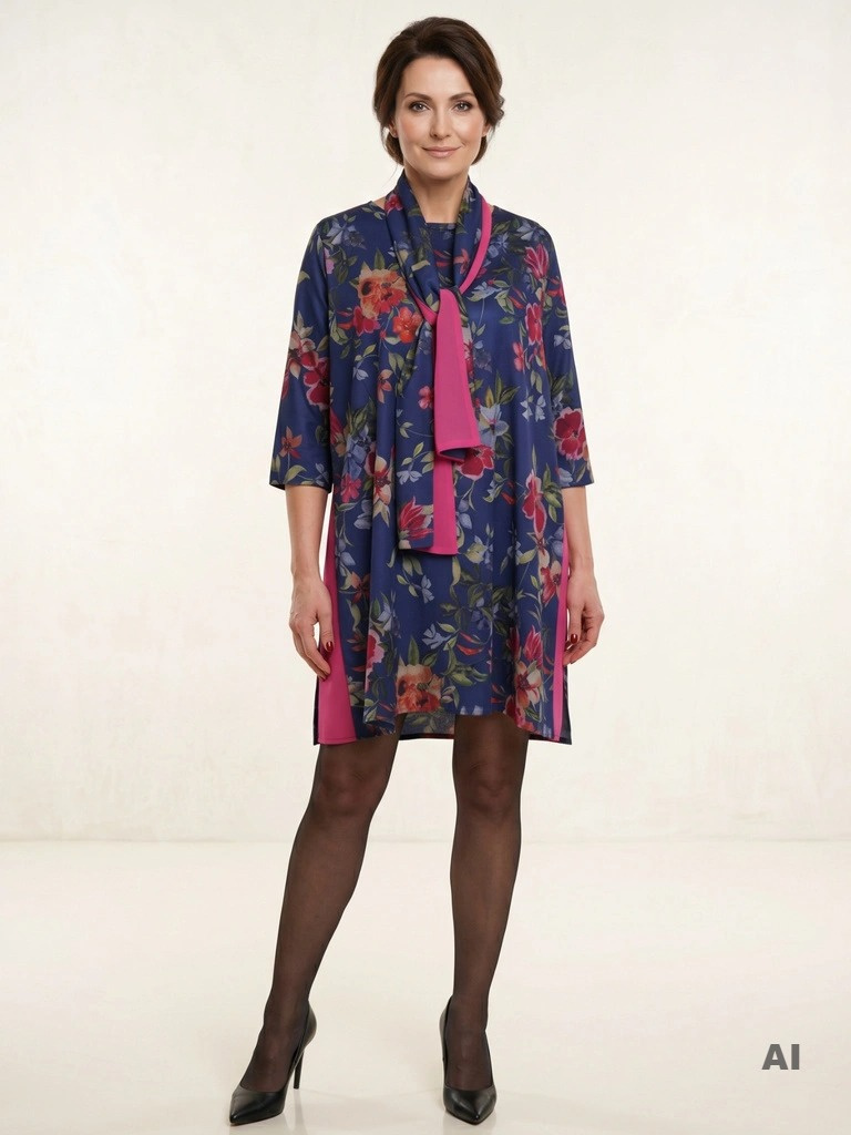 Elegancka sukienka w kwiaty plus size z szalem – trapezowy krój skutecznie maskuje brzuszek 19451
