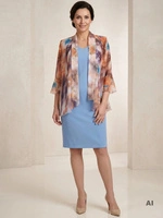 Błękitny komplet wizytowy z midi sukienką i narzutką w akwarelowe wzory – wysmuklający fason na letnie przyjęcia 15744