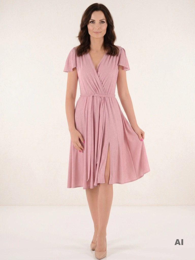 Elegancka sukienka dla mamy weselnej – rozkloszowana midi z połyskiem modelująca talię 38204