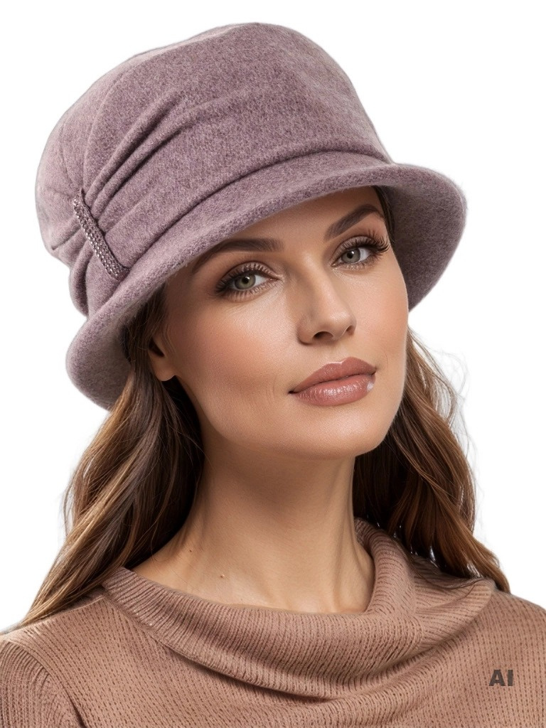 Wrzosowy kapelusz damski cloche – elegancki ocieplany model z cyrkoniami i regulacją obwodu na zimę 40513