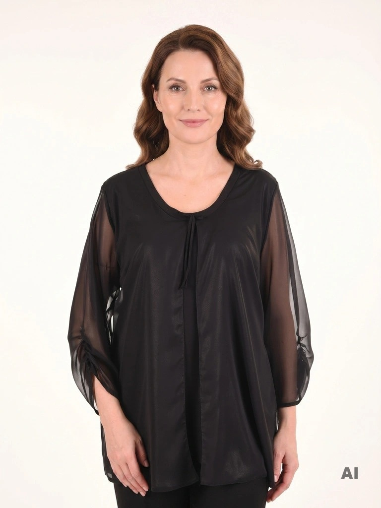 Elegancka czarna tunika plus size z szyfonową narzutką – dekolt z wiązaniem, fason maskujący sylwetkę 41088