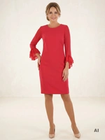 Wizytowa sukienka midi w kolorze amarantowym – prosty fason z ozdobnymi akcentami na rękawach 26906