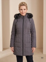 Grafitowa kurtka zimowa damska z futerkiem – klasyczny krój chroniący przed chłodem 42552