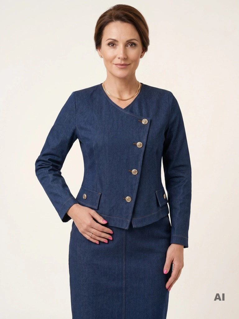 Elegancki granatowy żakiet plus size w stylu jeans – wysmuklający prosty fason z asymetrycznym zapięciem 38760