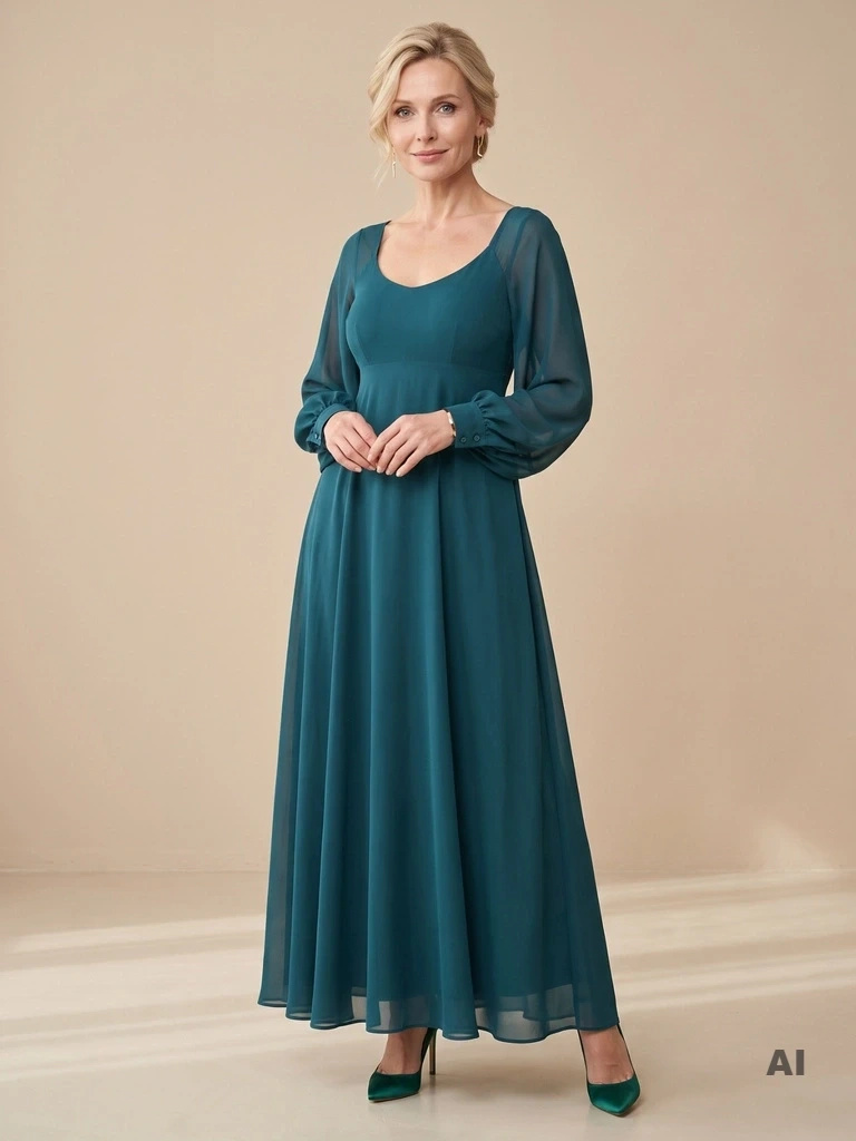 Sukienka na wesele maxi o trapezowym kroju – bufiaste rękawy i elegancki dekolt 42296