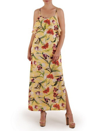 Długa sukienka z falbaną przy dekolcie, modna kreacja w kwiaty 21477