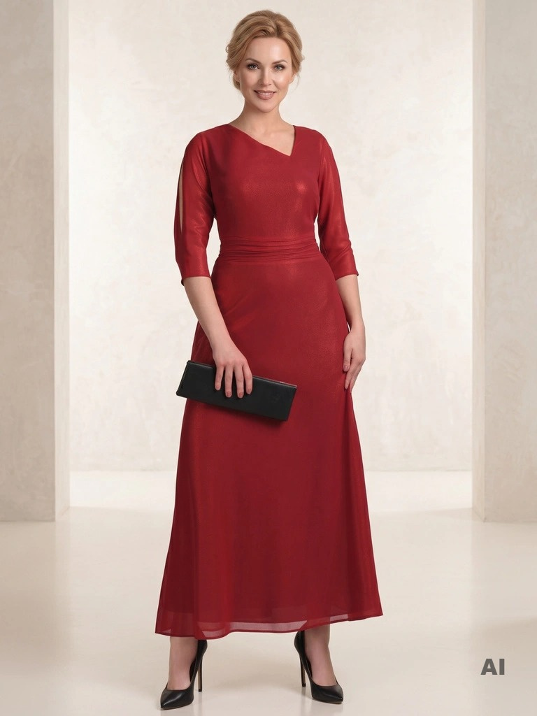 Elegancka czerwona sukienka maxi dla mamy weselnej – rozkloszowana forma pięknie modelująca talię 35158