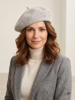 Wełniany beret damski popielaty melanż – klasyczny fason z antenką w eleganckim i modnym stylu paryskim 40869