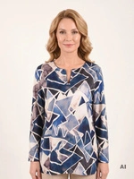Elegancka bluzka plus size z geometrycznym wzorem, prosty fason – z dekoltem V optycznie wysmuklającym sylwetkę i broszką 41076