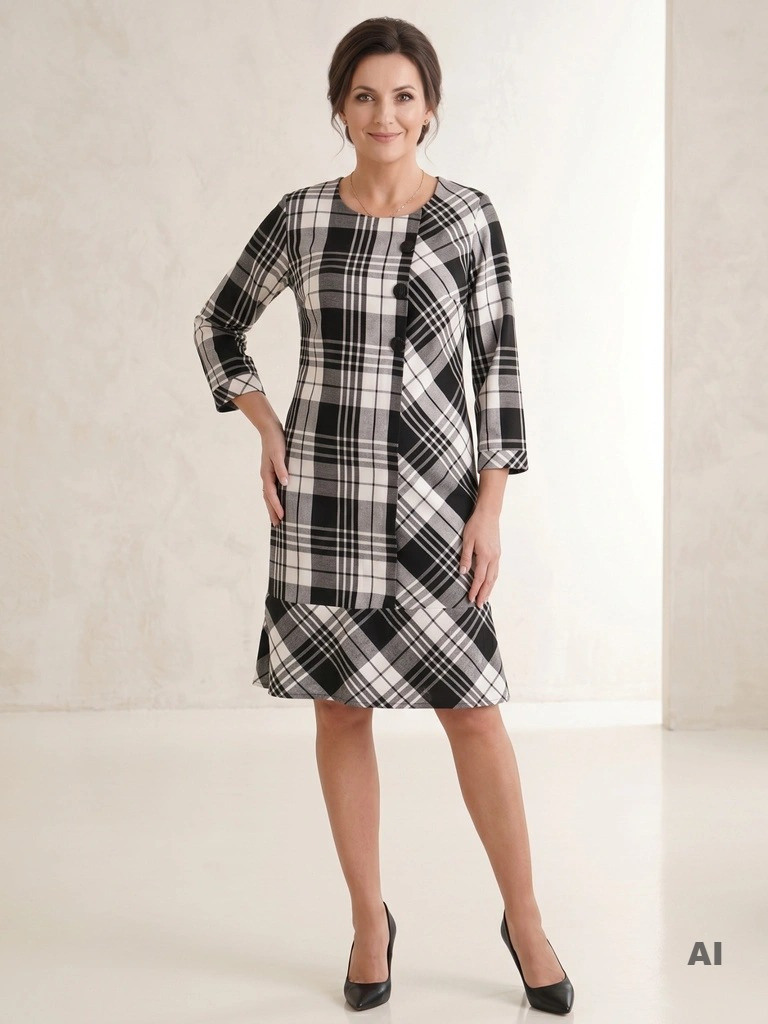 Czarno-biała sukienka w kratkę z falbaną – elegancka sukienka midi z ozdobnymi guzikami, fason wyszczuplający 40973
