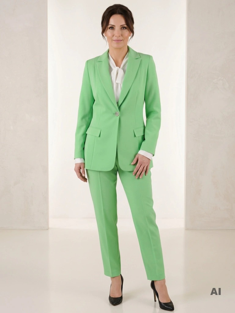 Energetyczny zielony garnitur damski – klasyczny prosty krój na lato i eleganckie wyjścia 39333