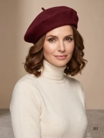 Elegancki beret damski wełniany bordowy – fason francuski z antenką, modne nakrycie głowy na zimę 40890