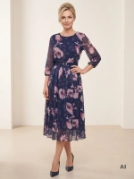 Elegancka granatowa sukienka maxi w kwiaty – rozkloszowany krój z paskiem na andrzejki i wesele 39296
