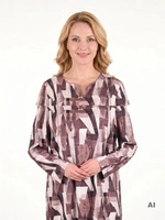 Beżowo-brązowa bluzka plus size w geometryczny wzór – prosty, wysmuklający fason z broszką 41078