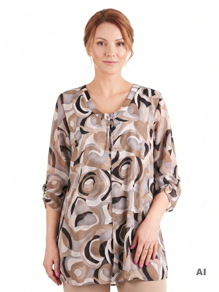 Elegancka tunika plus size w odcieniach beżu z imitacją szyfonowej narzutki – luźny krój z rękawem 3/4 dla komfortu 41083