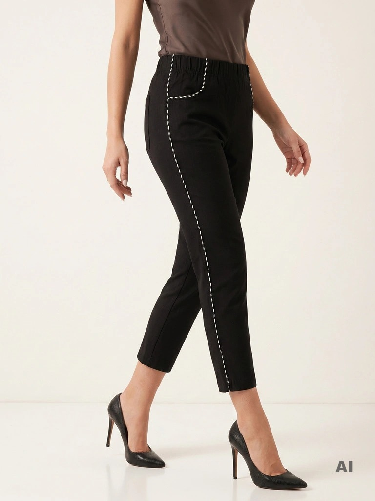 Czarne spodnie wyszczuplające z kontrastowymi lampasami i gumką w pasie – eleganckie cygaretki plus size 35145