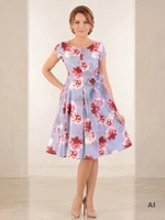 Elegancka sukienka rozkloszowana midi w kwiaty – kobiecy krój z ozdobną kokardą 33341
