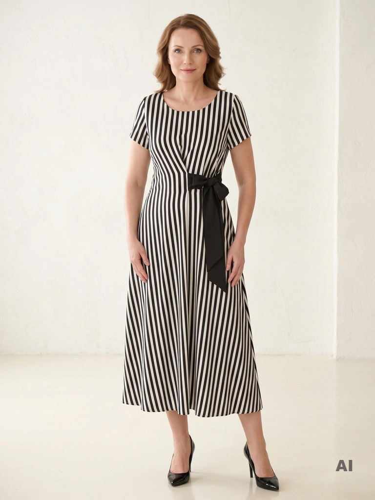 Sukienka maxi w paski czarno-ecru z wiązaniem w pasie - rozkloszowany fason, dekolt łódka, elegancka kreacja na wesele 40005