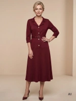 Elegancka bordowa sukienka maxi z paskiem – rozkloszowana kreacja z kołnierzem akcentująca talię 40297