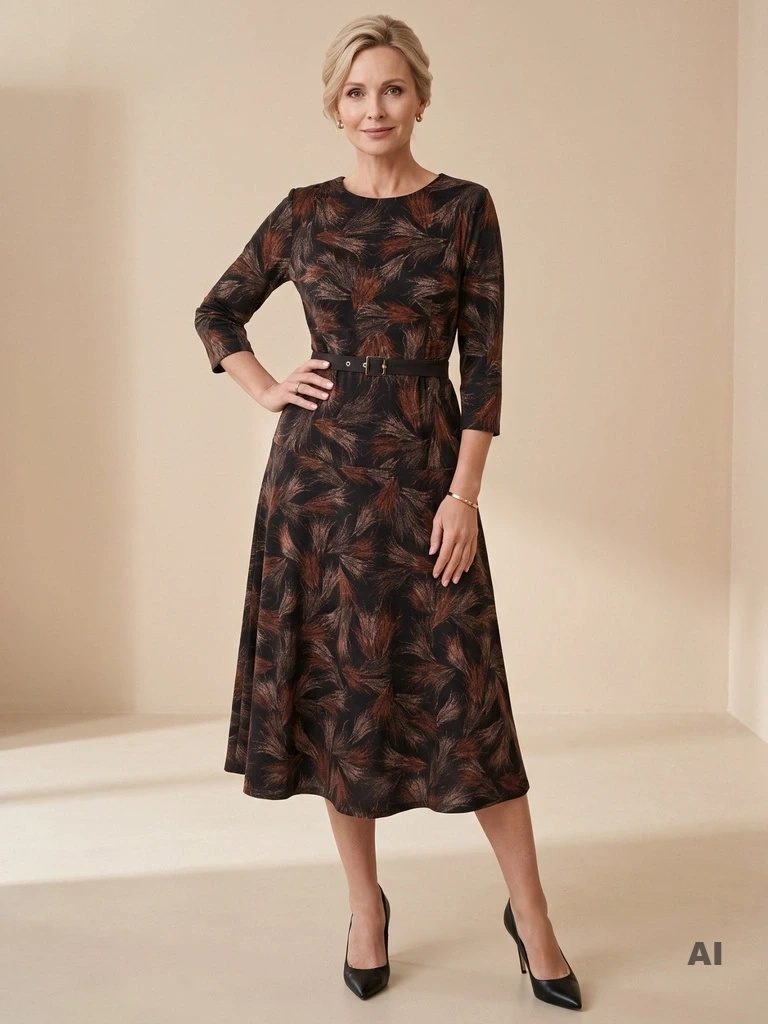 Elegancka czarna sukienka maxi w brązowy roślinny wzór – rozkloszowany fason z paskiem podkreślającym talię 40295