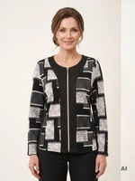 Czarna bluzka w geometryczną kratę z zamkiem – z panelami wysmuklającymi na business look 35248