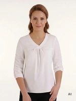 Elegancka bluzka ecru z dekoltem V i rękawem 3/4 – komfortowy, prosty krój z modelującymi przeszyciami 24547