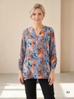 Elegancka bluzka damska o kroju trapezu w barwny wzór – swobodny fason z dekoltem w serek 34776