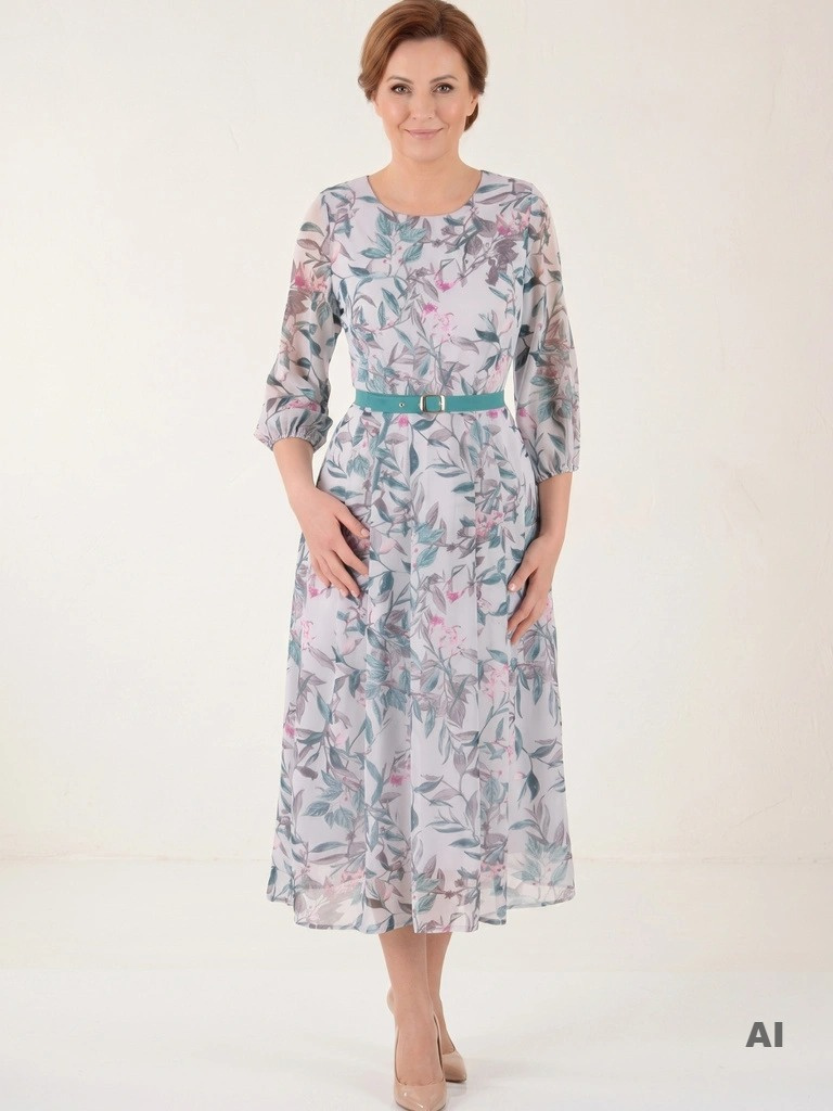 Elegancka zielona sukienka maxi na wesele i komunię – rozkloszowana w kwiaty, z paskiem i rękawami 3/4 39297