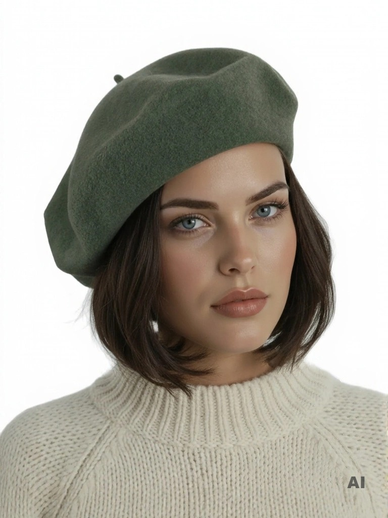 Wełniany beret damski w kolorze khaki – klasyczny fason francuski z antenką na jesień oraz zimę 40873