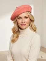 Elegancki beret damski z antenką fason francuski – ciepła wełna z merynosów w tonacji łososiowej 40885