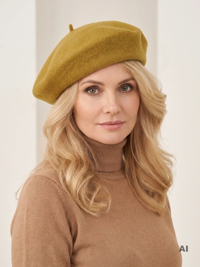 Oliwkowy beret damski z wełny merynosów – klasyczny francuski fason z antenką na jesień i zimę 40872