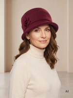 Buraczkowy kapelusz damski cloche – ocieplany model z ozdobną wstawką 42414