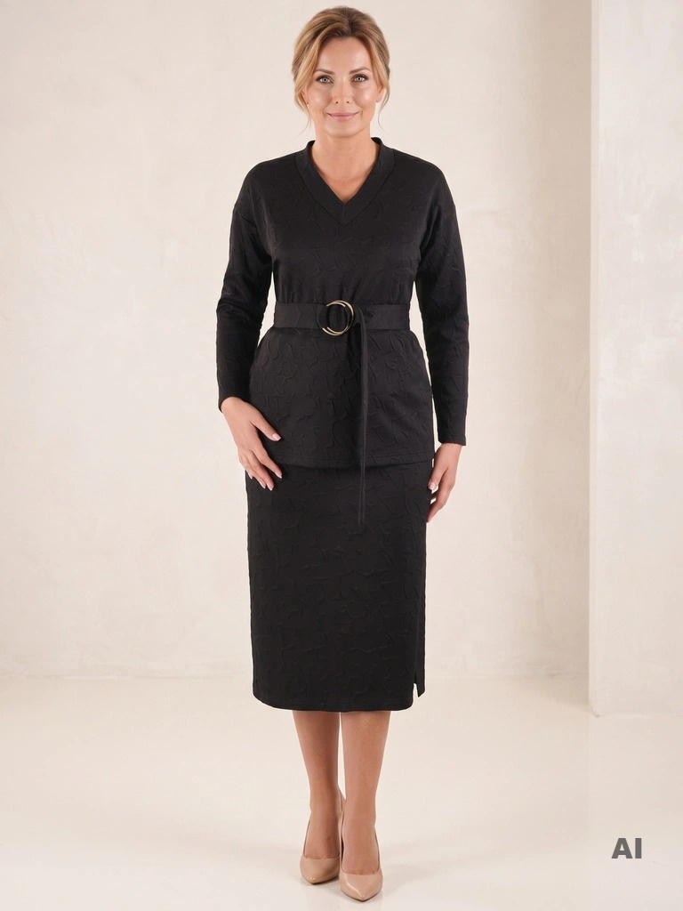 Elegancki czarny komplet z bluzką V-neck i spódnicą midi – z subtelnym wytłaczanym wzorem 40779