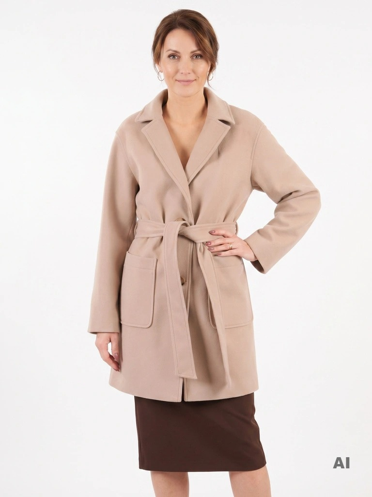 Beżowy płaszcz zimowy damski z wełną i alpaką – prosty fason z kołnierzem i paskiem, elegancki do pracy 36908