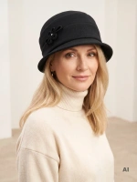 Elegancki czarny kapelusz cloche – wywinięte rondo oraz regulacja obwodu na jesień 42449
