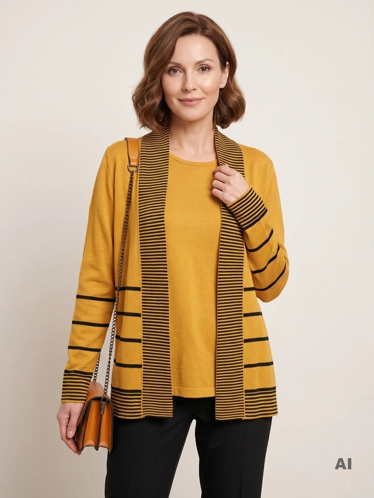 Elegancki bliźniak plus size musztardowy w czarne paski – modelujący sylwetkę do biura i na co dzień 38677