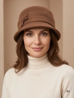 Elegancki kapelusz cloche damski w kolorze karmelowym – zdobiony cyrkoniami, idealny do płaszcza 40905
