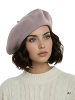 Szary beret damski z wełny merynosów z nutą fioletu – elegancki francuski szyk na jesień i zimę 40866