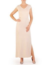 Kremowa suknia z efektownym rozcięciem, nowoczesna kreacja wieczorowa 30164
