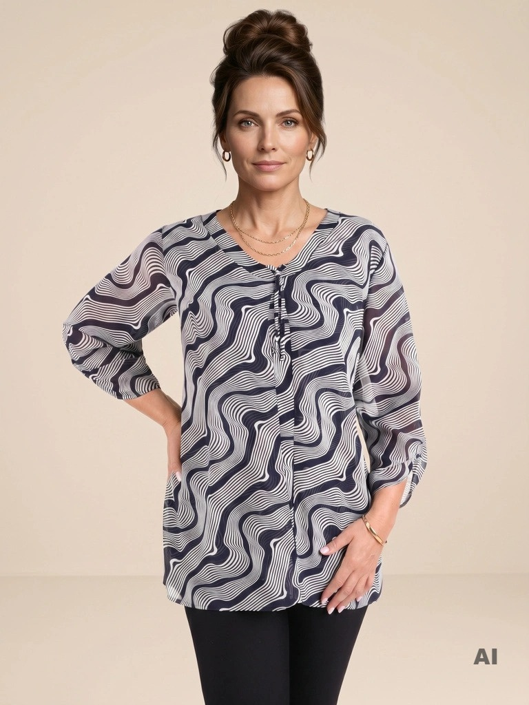 Granatowa tunika plus size w falisty wzór z imitacją narzutki – optycznie wysmuklająca i dodająca lekkości 41718