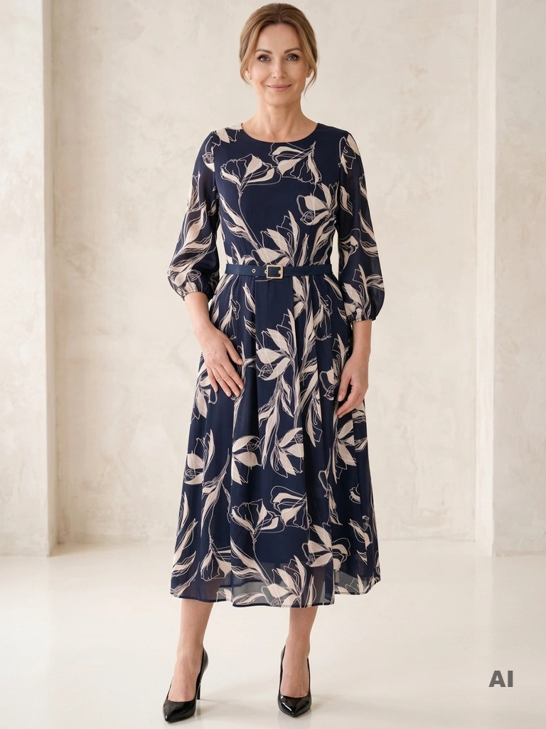 Elegancka granatowa sukienka maxi w beżowe kwiaty na wesele, komunię – rozkloszowany dół, pasek w talii, rękaw 3/4 39628