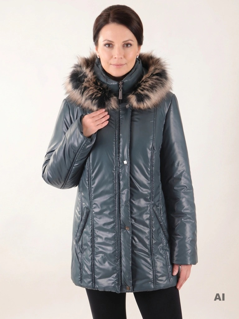 Butelkowozielona kurtka zimowa pikowana z połyskiem i odpinanym futerkiem – prosty fason modelujący sylwetkę Plus Size 38908