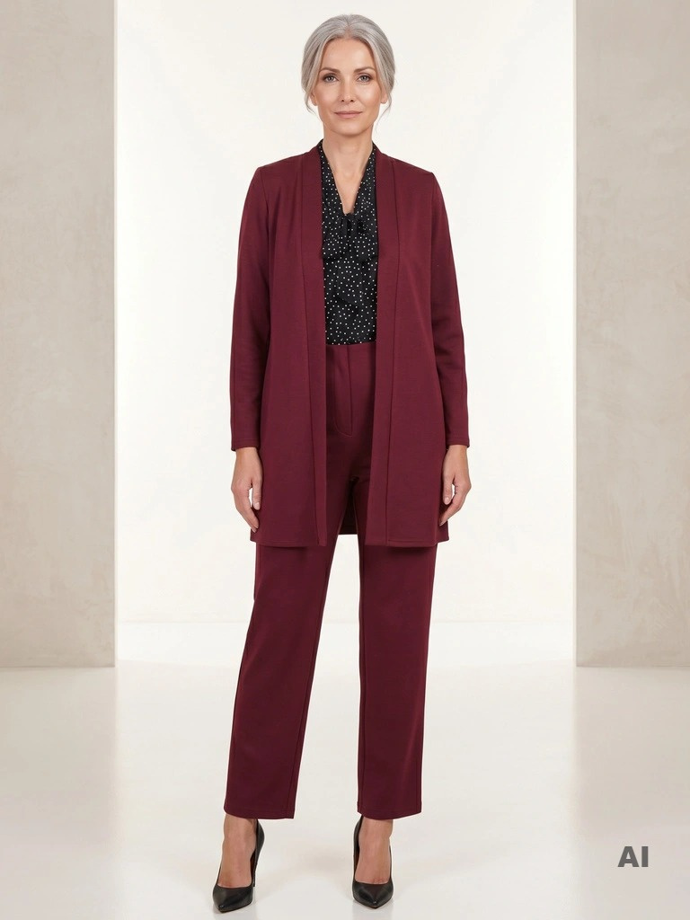 Elegancki bordowy komplet ze spodniami i narzutką – z poduszkami modelującymi ramiona na ważne okazje 40485