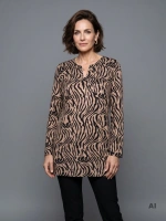 Stylowa bluzka plus size w zebrę beżowo-czarną z dekoltem V – prosty fason z ozdobnymi wycięciami na rękawach 41077