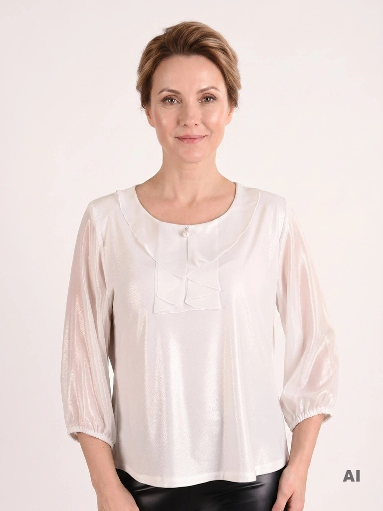 Biała bluzka wizytowa z połyskującym brokatem i szyfonowym żabotem – idealna na wesele, komunię i eleganckie okazje 41231