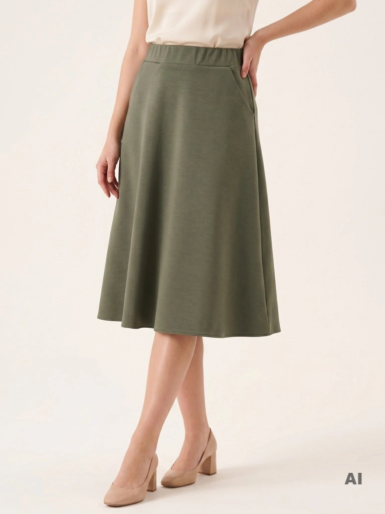 Elegancka khaki spódnica midi trapezowa z kieszeniami – wysmuklająca sylwetkę, z wygodną gumką w pasie 39474