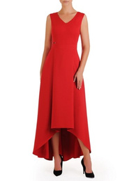 Czerwona suknia w asymetrycznym fasonie, nowoczesna kreacja na wesele 21531