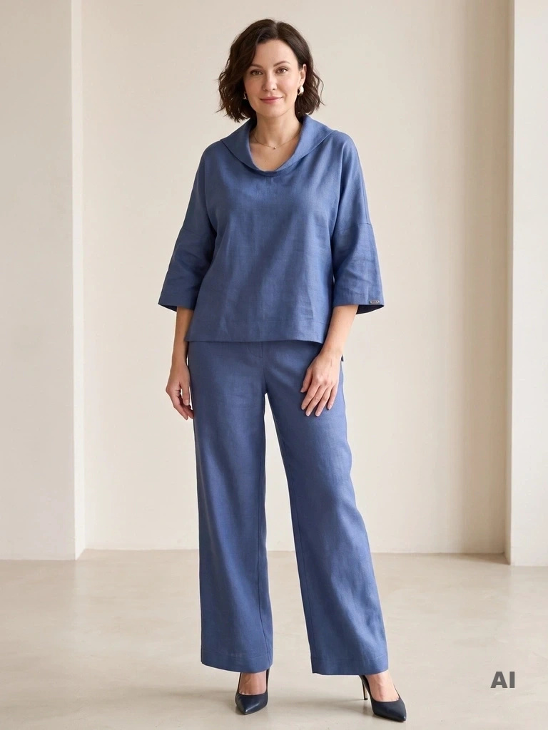 Komplet bawełniany jeansowy: bluzka trapezowa i luźne spodnie – idealny na lato, komfortowy fason 41988