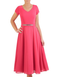 Amarantowa rozkloszowana sukienka z ozdobną aplikacją w pasie 30961