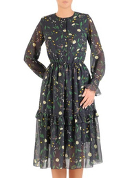 Rozkloszowana sukienka z szyfonu, kreacja z falbanami na rękawach 27475